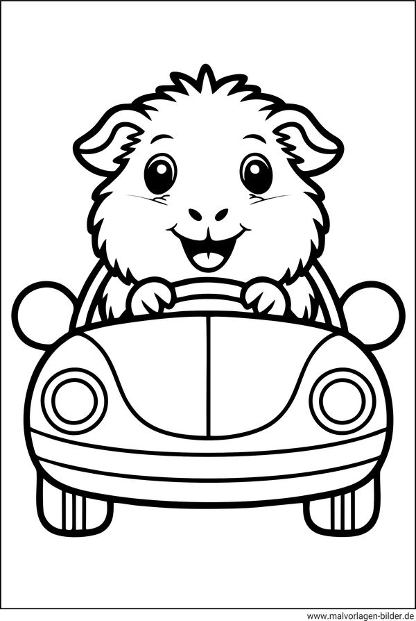 Meerschweinchen fährt Auto Ausmalbild für Kinder