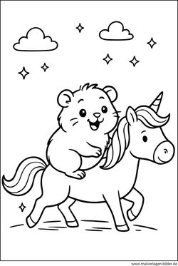 Meerschweinchen Reitet auf einem Einhorn Ausmalbild für Kinder