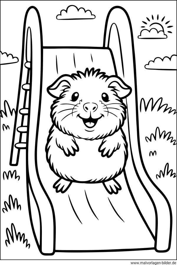 Meerschweinchen auf einer Rutsche Ausmalbild