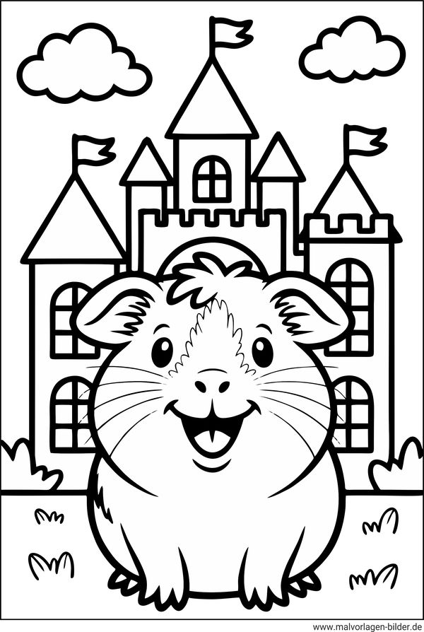 Meerschweinchen und ein Schloss Ausmalbild