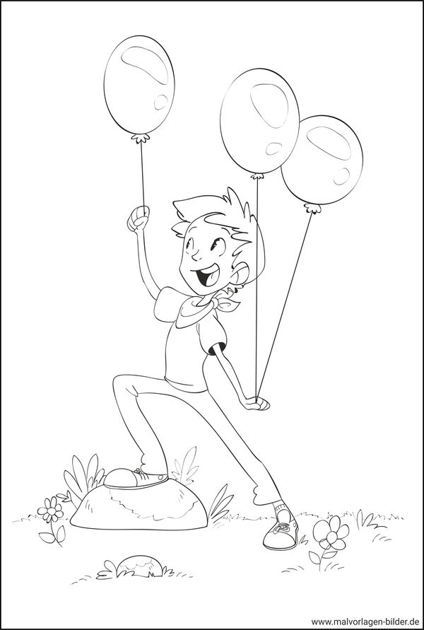 Ausmalbild Junge mit Luftballons