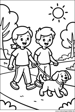 Ausmalbild Mädchen und Junge gehen im Park spazieren