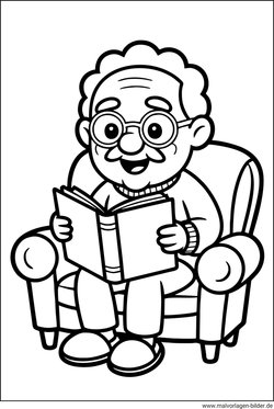 Opa liest ein Buch auf dem Sofa Ausmalbild