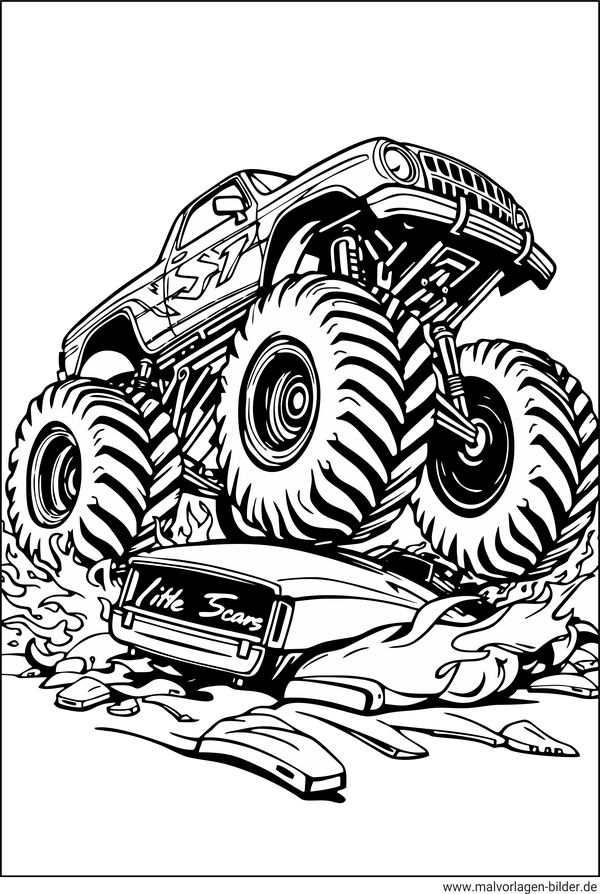 Ausmalbild Monster-Truck fährt über ein Auto