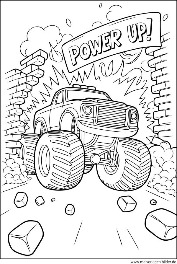Ausmalbild Monstertruck fährt durch eine Mauer