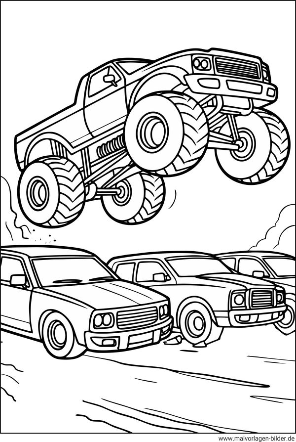 Ausmalbild Monstertruck springt über Autos