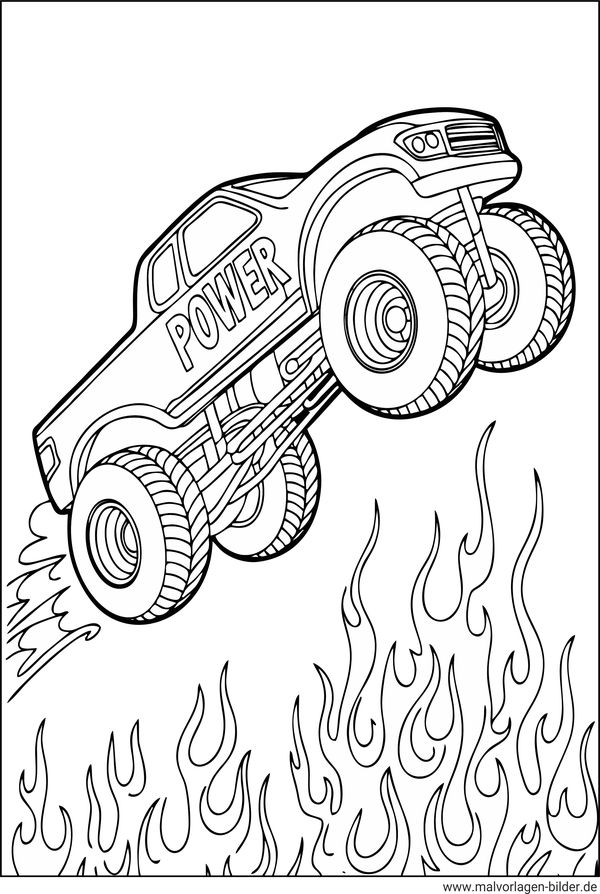 Ausmalbild Monstertruck springt über Flammen