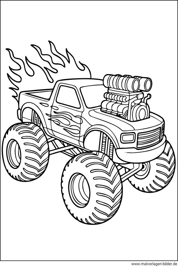 Ausmalbild Monstertruck mit einem Turbo-Motor