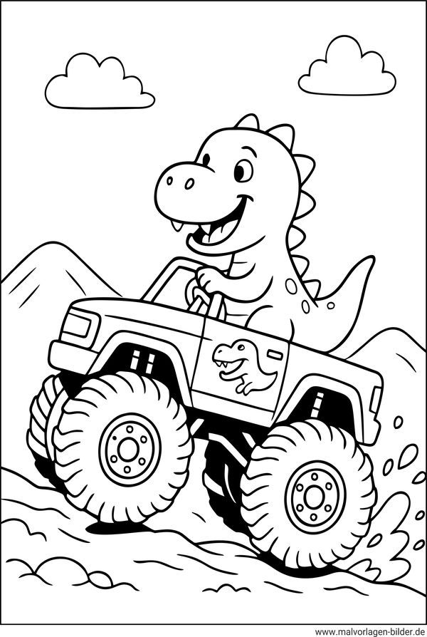 Dino fährt ein Monstertruck Kinder-Ausmalbild