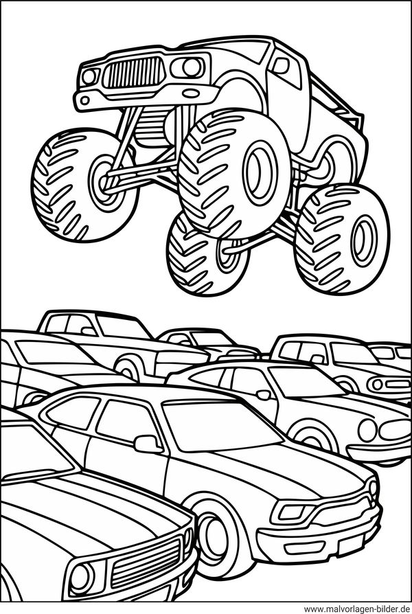 Monstertruck Sprung über acht Autos Ausmalbild