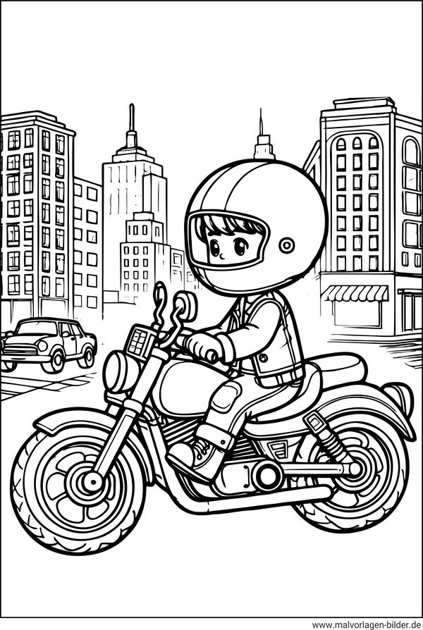 Ausmalbild Motorradfahrer in der Stadt