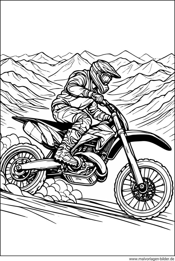 Motocross Motorrad in den Bergen Ausmalbild