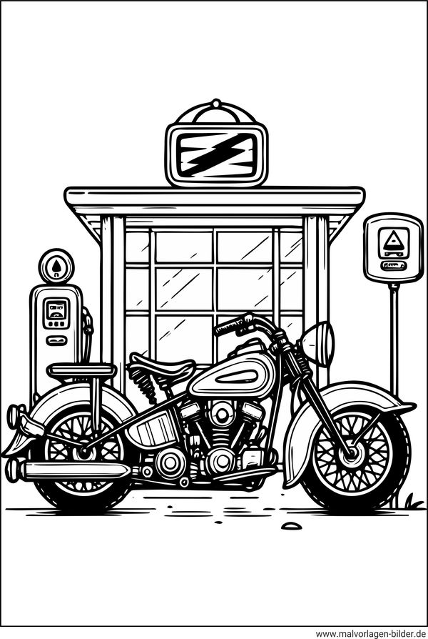 Motorrad alte Tankstelle Ausmalbild