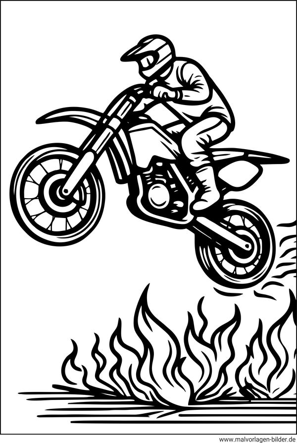 Motorradsprung über Flammen Ausmalbild