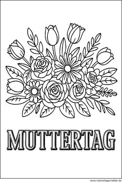 Muttertag und ein Blumenstrauss auf einem Malbild kostenlos drucken