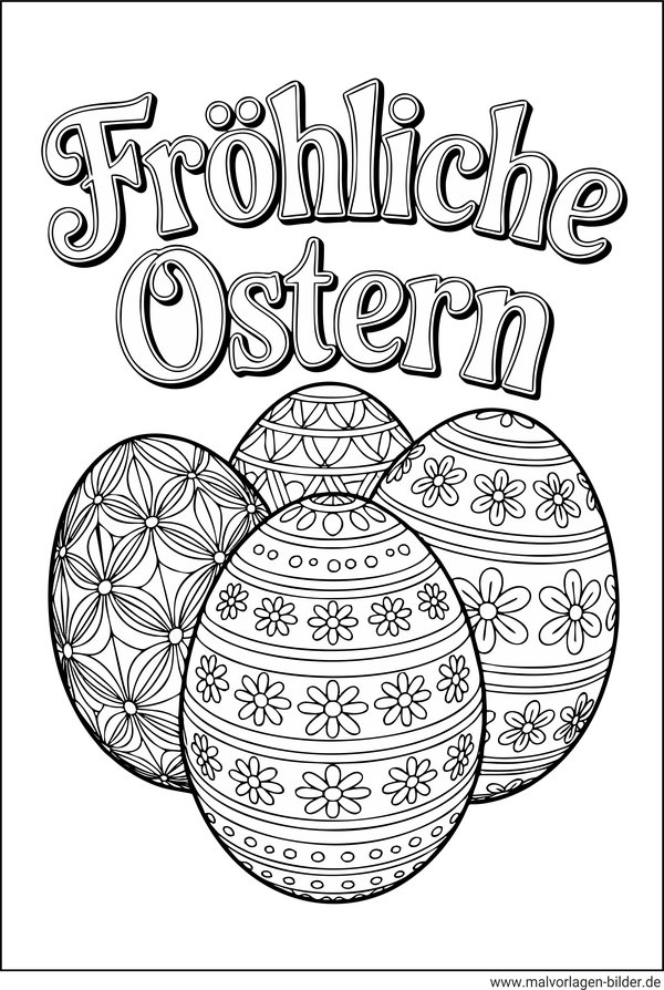 Fröhliche Ostern vier Ostereier Ausmalbild