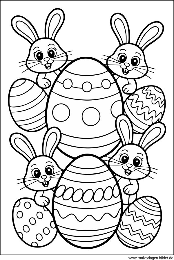 Ostereier und kleine Osterhasen Ausmalbild