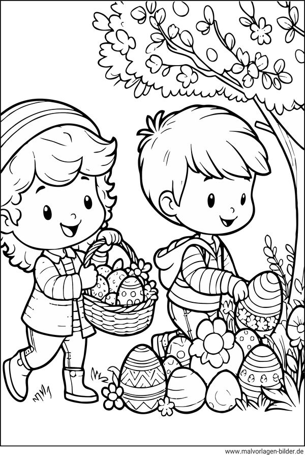Ausmalbild Kinder suchen Ostereier