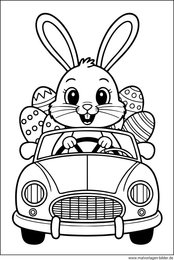 Ausmalbild Osterhase bringt die Ostereier mit dem Auto