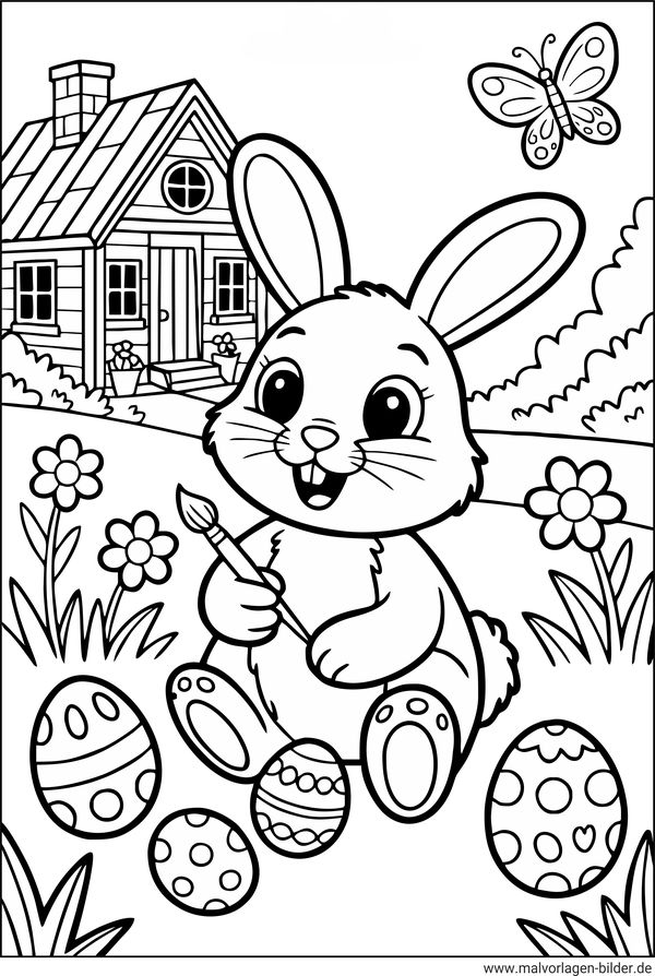 Osterhase mal Ostereier im Garten Ausmalbild ausmalen