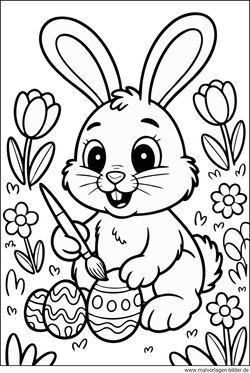 Osterhase malt Ostereier auf einer Blumenwiese Ausmalbild für Kinder