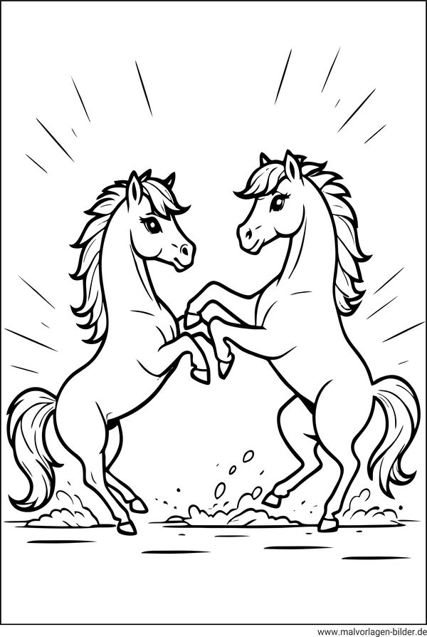 Ausmalbild zwei wilde Pferde steigen hoch