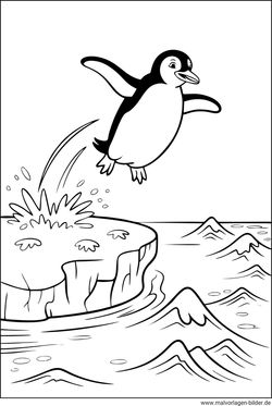 Ausmalbild Pinguin springt ins Meer