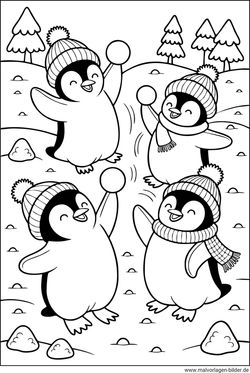 Ausmalbild Pinguine Schneeballschlacht im Winter
