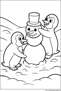 Ausmalbild zwei Pinguine bauen einen Schneemann