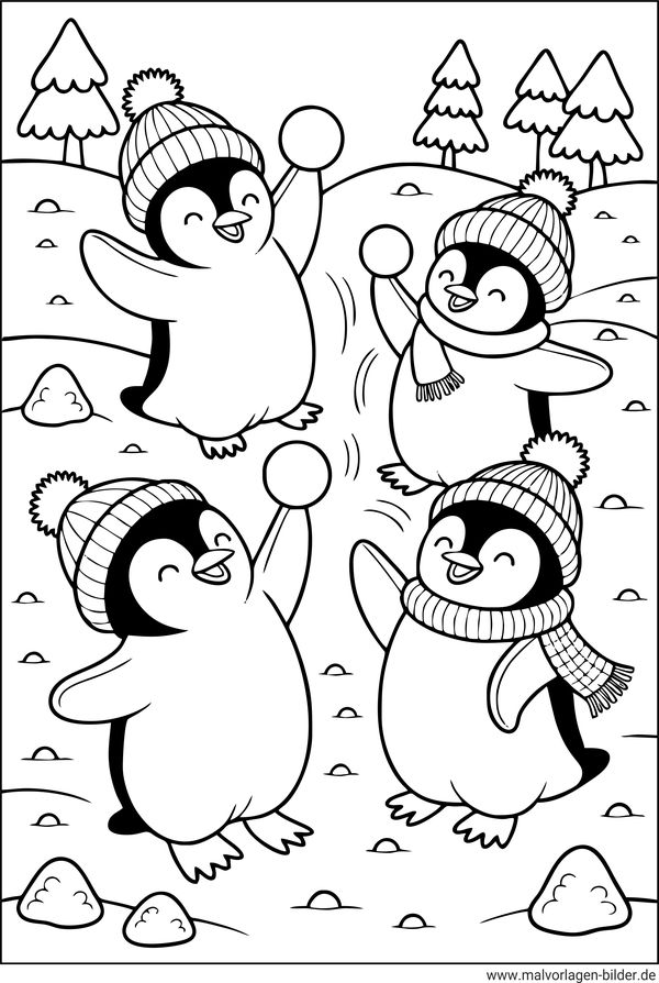 Ausmalbild Pinguine machen eine Schneeballschlacht