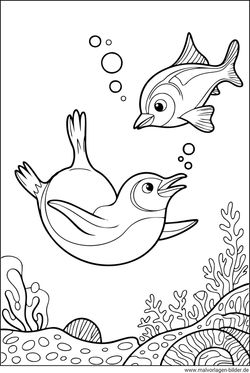 Pinguin und ein Fisch im Meer Ausmalbild gratis PDF