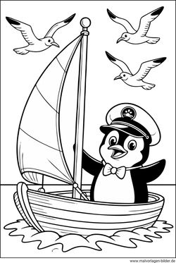 Pinguin Möven Seegelboot Ausmalbild für Kinder