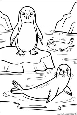 Pinguin und eine Robbe im Eis Ausmalbild