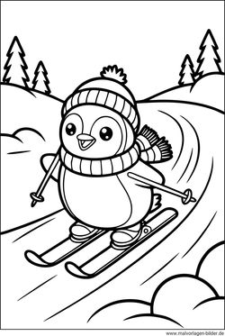 Pinguin fährt Ski Ausmalbild kostenlos