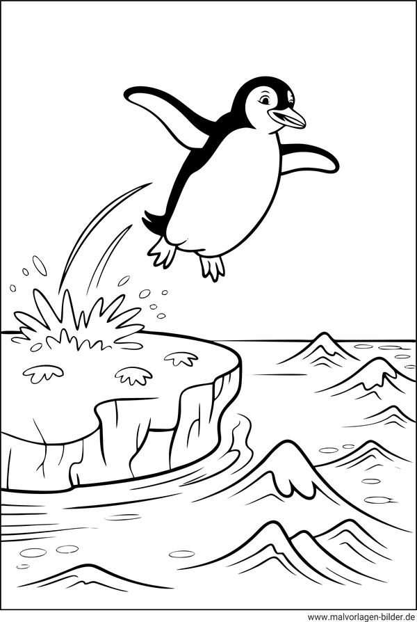Pinguin springt ins Wasser Ausmalbild