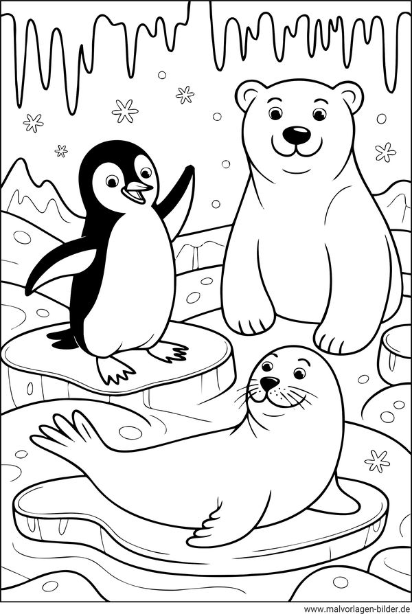 Pinkuin, Eisbär und eine Robbe Ausmalbild