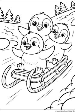 Süße Pinguine auf einem Schlitten Ausmalbild für kinder