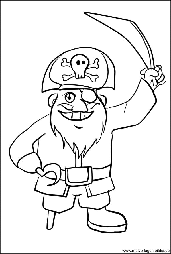 gratis Malvorlagen  Pirat mit Holzbein und Hakenhand