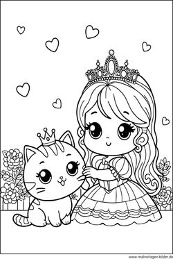 Ausmalbild Prinzessin spielt mit der Katze