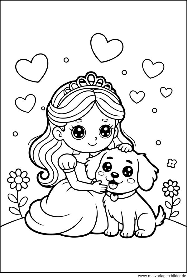 Ausmalbild Prinzessin streichelt ihren süßen Hund