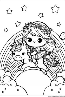 prinzessin Einhorn Regenbogen Wolken Ausmalbild