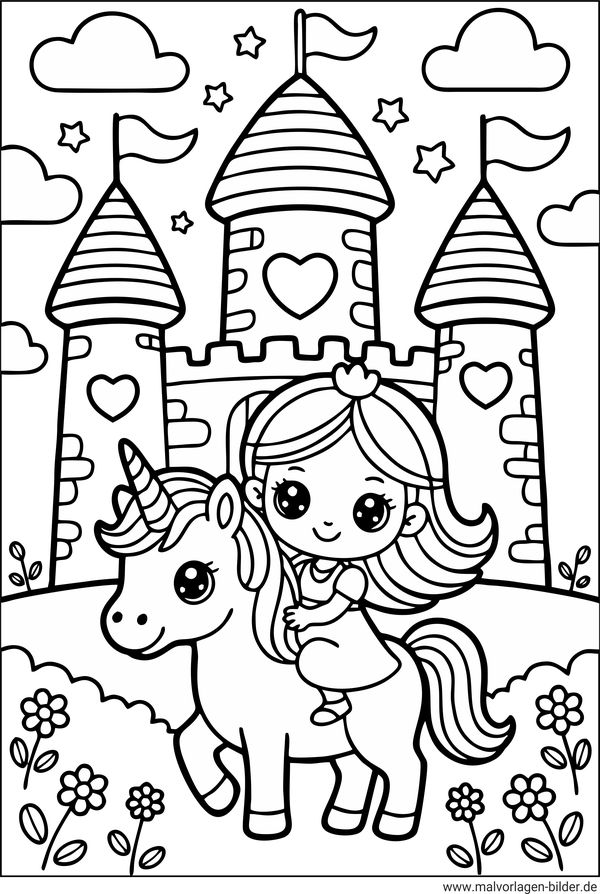 Prinzessin auf einem Einhorn mit ihrem Schloss Ausmalbild