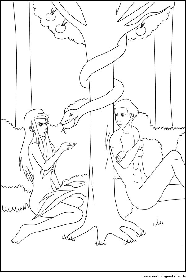 Ausmalbild mit Adam und Eva und der Schlange