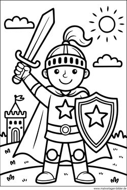 Ausmalbild Ritter mit Schwert Helm und Schild