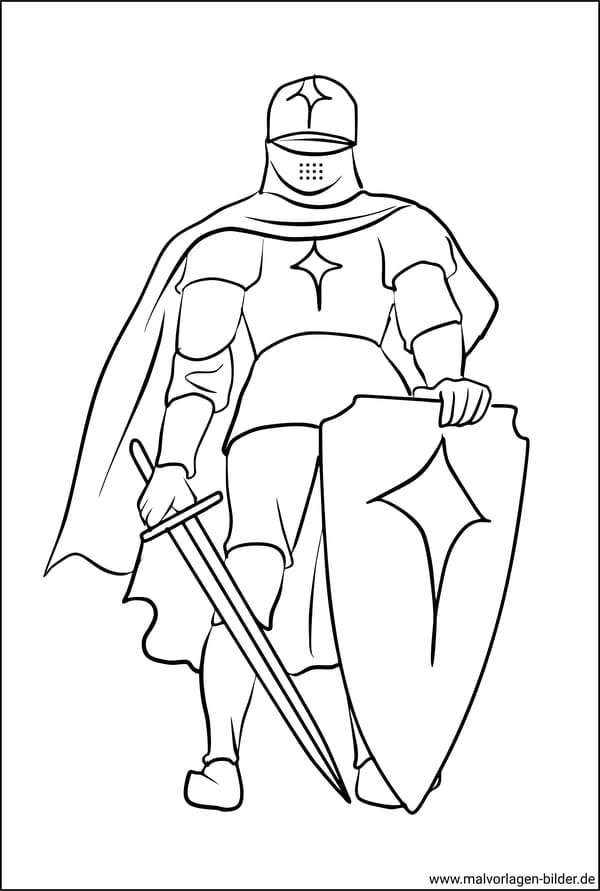 Ausmalbild Ritter in einer Ritterrüstung mit seinem Schwert