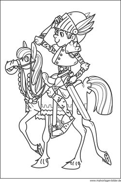kleiner Ritter reitet auf seinem Pferd - Malvorlage