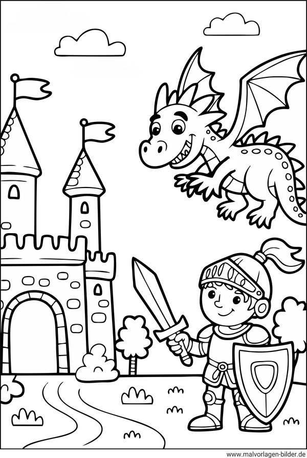 Ritter und Drache Schloss Ausmalbild