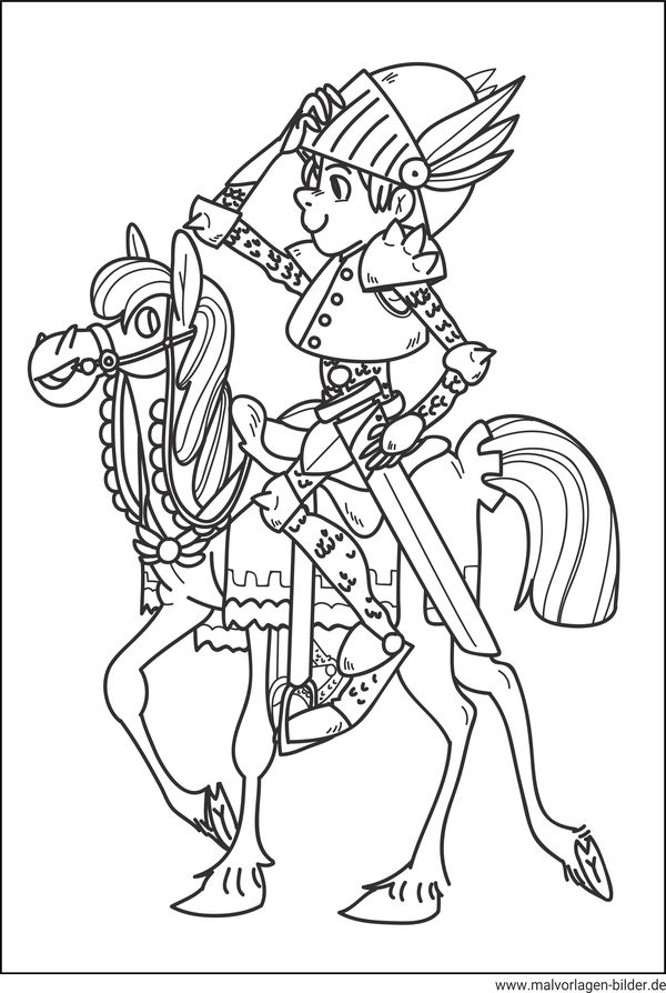 Ritter reitet auf seinem Pferd Ausmalbild für Kinder