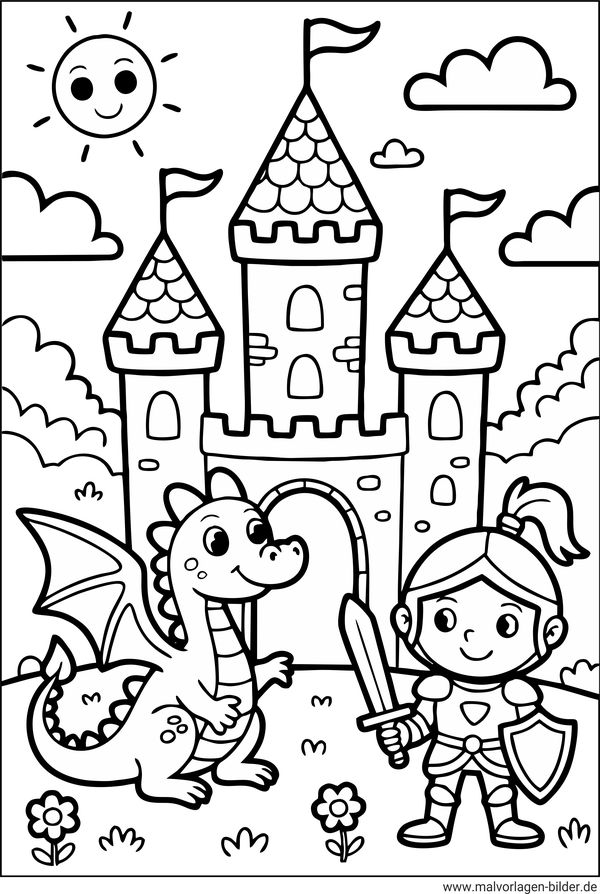 Ritter vor seiner Burg Drache Ausmalbild