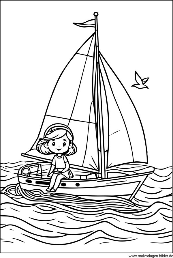 Mädchen segelt auf dem Meer Ausmalbild